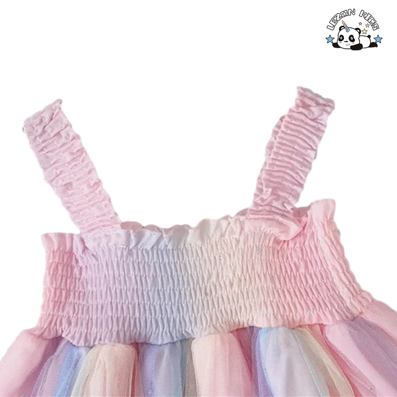 LEZONKIDS - 2024 High Quality Summer Sleeveless Girls Dress Rainbow Sweet Tulle Girls Dress Pressed Crepe Mesh Dress